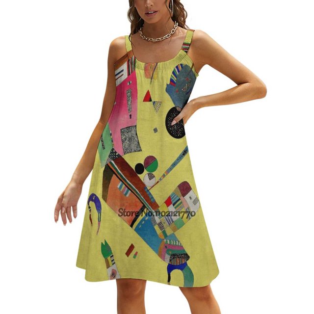 Kandinsky - Moderation Abstract Art Back Lacing Backless Dress Square Neck Dress Sweetheart Knot Flared Dress Wassily Kandinsky