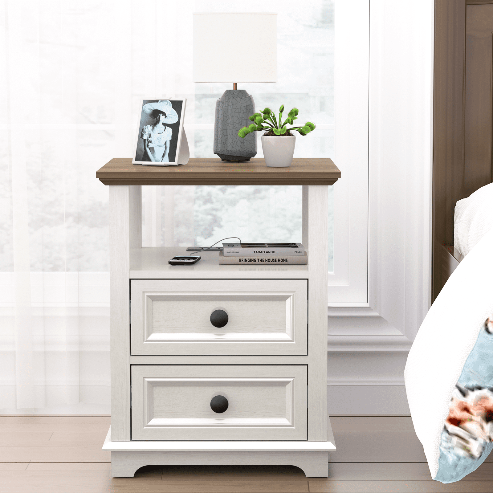 FAGAGA End Table with 2 Drawers for Living Room,Nightstand with Charging Station for Bedroom,White