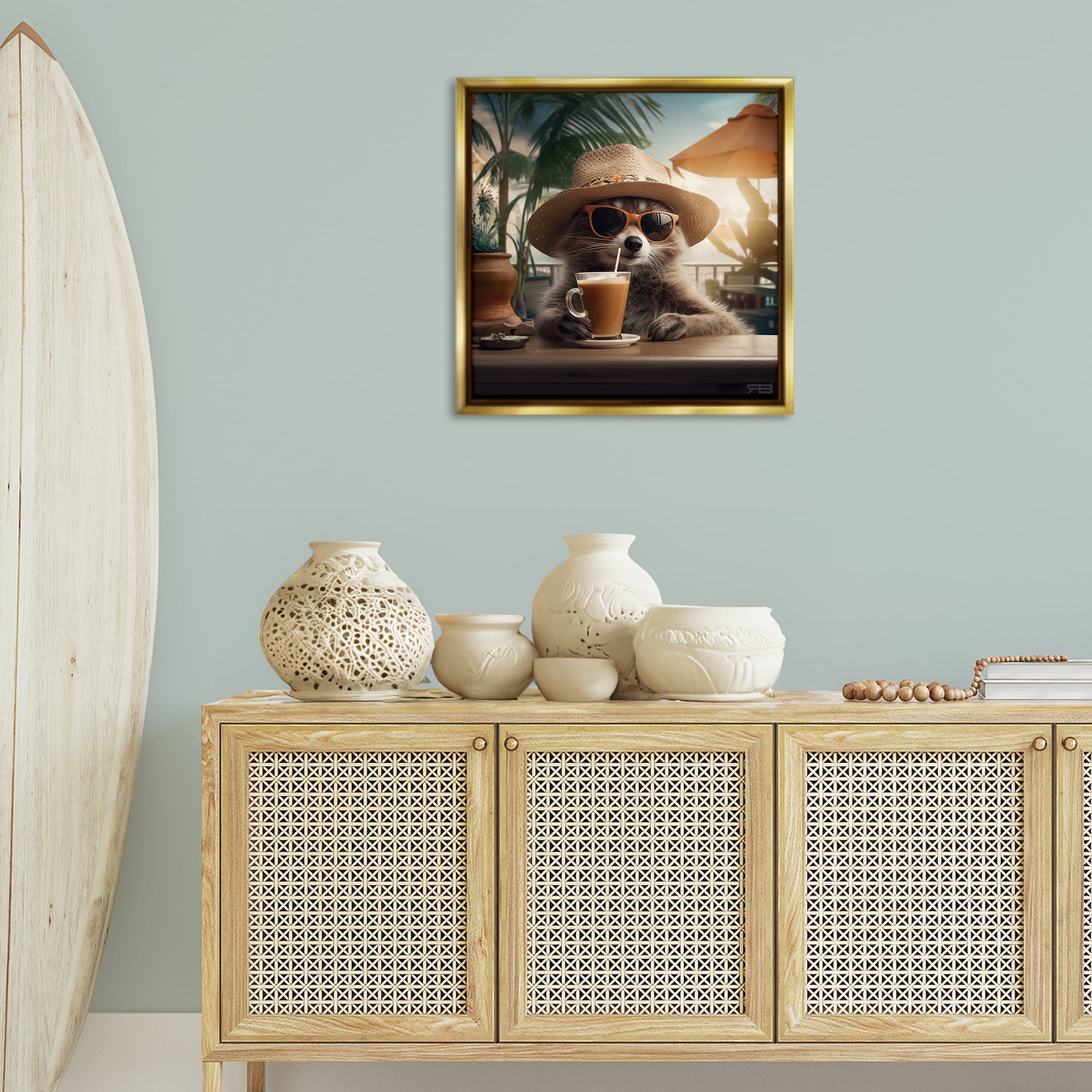 Stupell Industries Animal Sipping Tropical Drink Animals Painting Gold Floater Framed Canvas Art Print Wall Art, 25 x 25