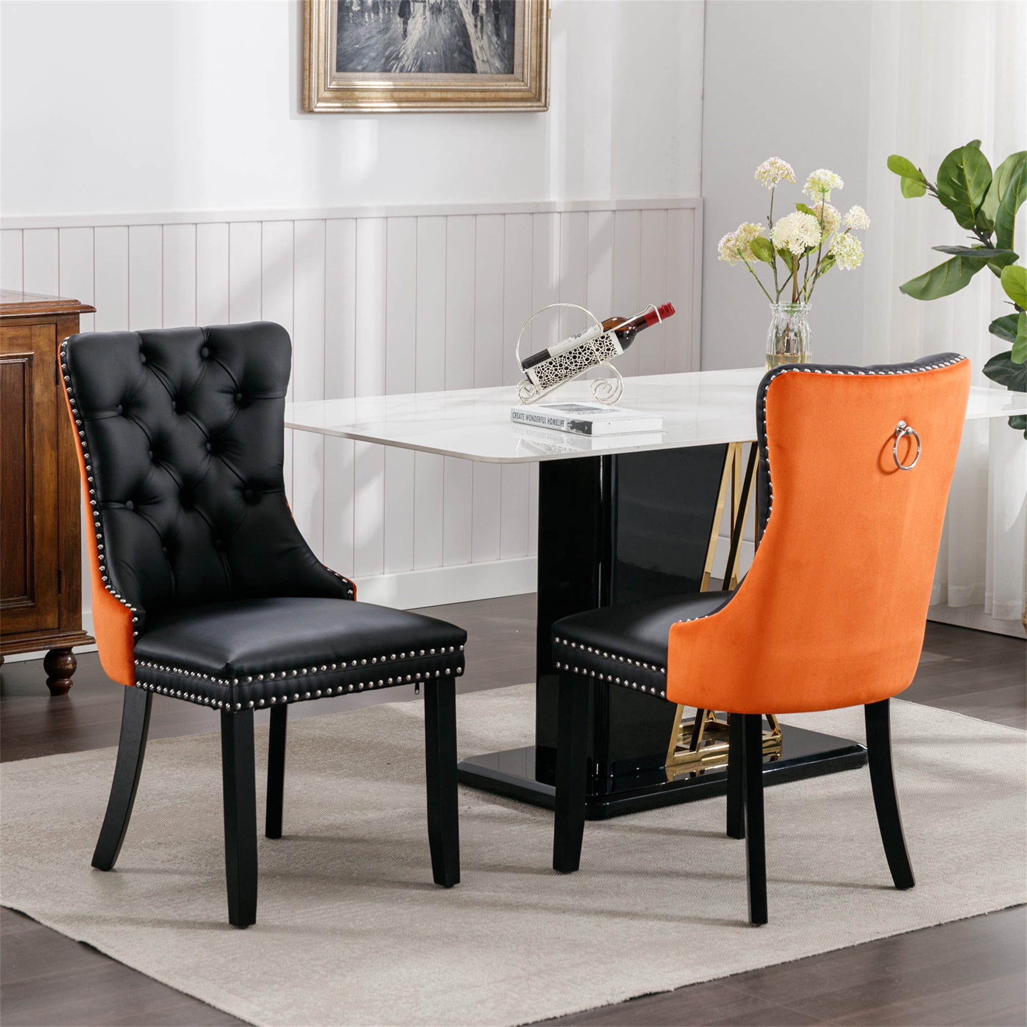 Miniyam Dining Chair Set of 2, High-end Tufted Contemporary PU and Velvet Upholstered, Black+Orange