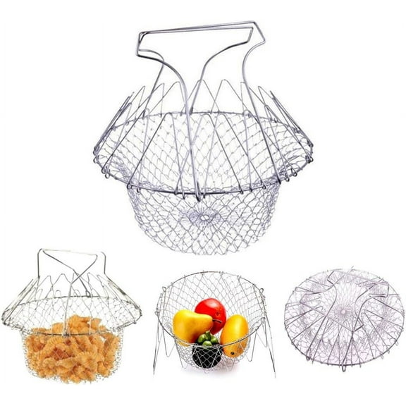 RUseeN Stainless Steel Foldable Steam Rinse Strain Fry Basket Strainer Net Kitchen Cooking Tool for Fried Food, Washing Fruits, Vegetables