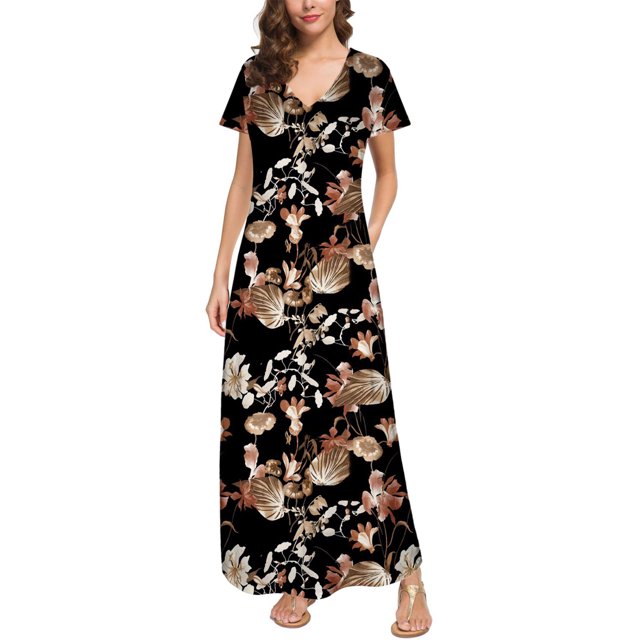 Puntoco Vestido De Manga Corta Con Cuello En V, Vestido Largo Hasta El Suelo De Verano Para Mujer, Vestido Largo Informal Suelto Con Bolsillos, Abertura De Manga Corta, Negro Xxxl