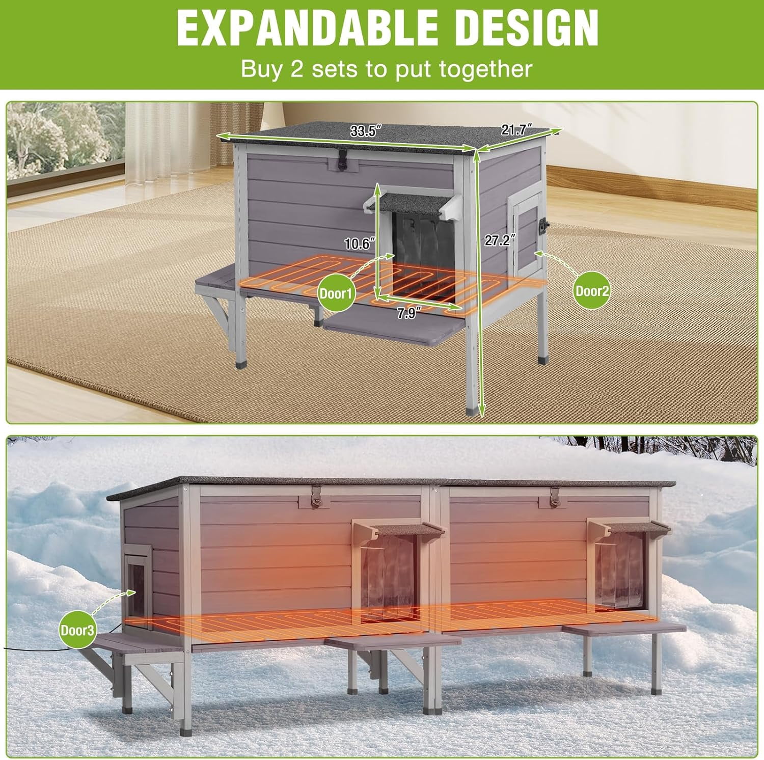 MEDEHOO Heated Cat House for Outside Insulated in Winter, Weatherproof Outdoor Cat Shelter for Feral Cats, Kitten Cage with Heating Pad and Insulated Liner