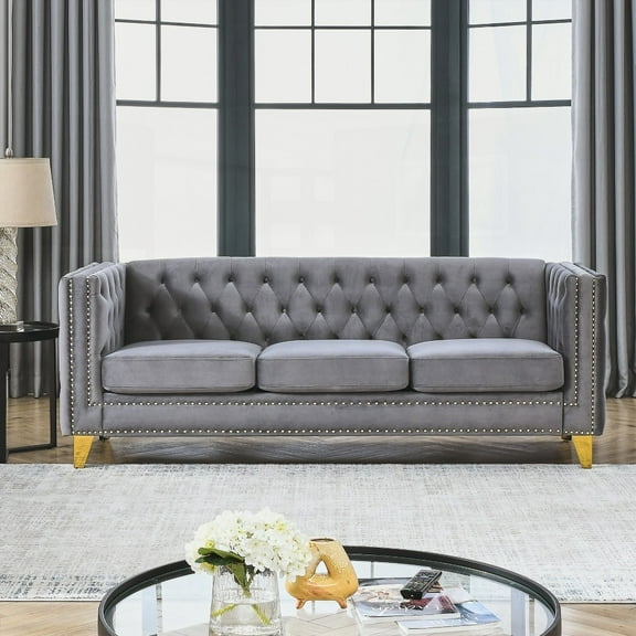 Grey Velvet Sofa for Living Room - Square Arm with Tufted Buttons & Metal Legs (W834S00020)