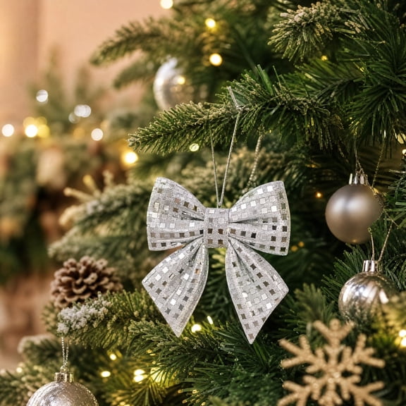 Christmas Mirror Sequin Bow Ornament Set, 4-Pack, Shimmering Holiday Tree Decorations, 4.53 x 3.54 in, Silver, 4 Pack