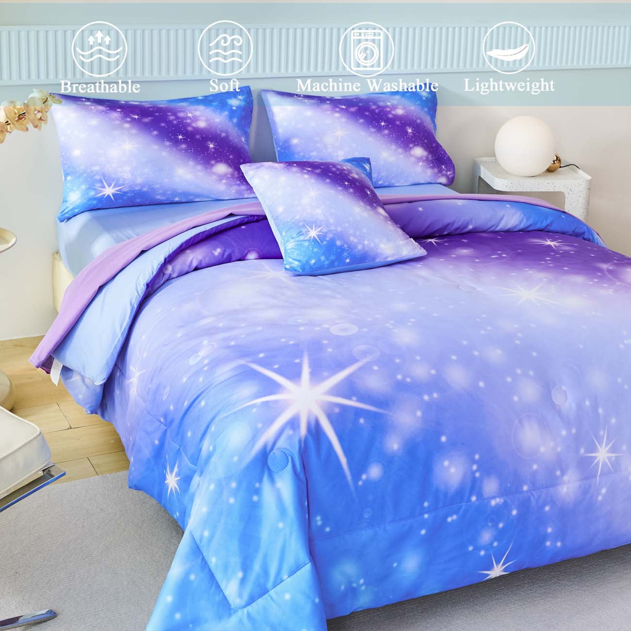 URBONUR Colorful Rainbow Galaxy Girls Comforter Set, 4Pcs Blue Gradient Glitter Bedding Set for Kids/Girls/Teens, Sparkle Galaxy Bed Comforter Set for All Season