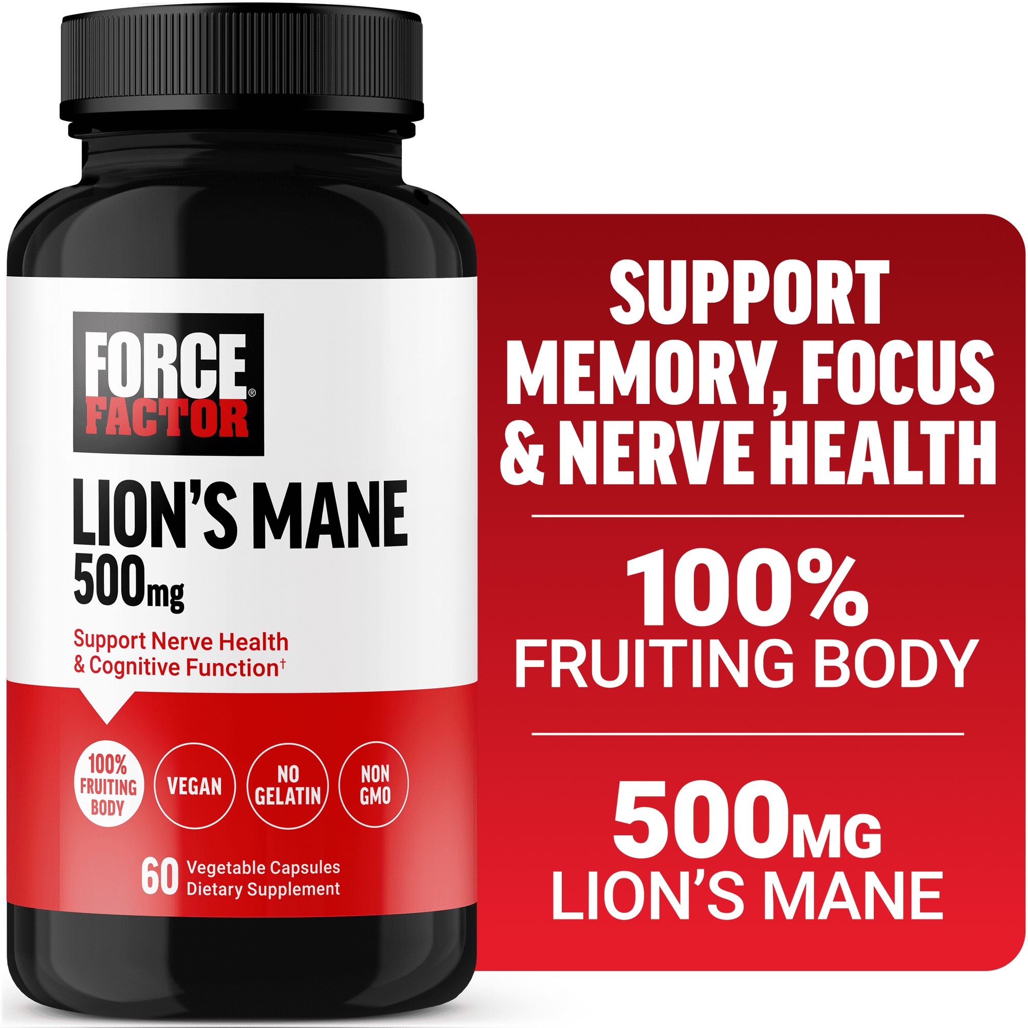 Force Factor Lion’s Mane Mushroom Capsules 500mg for Memory, Focus, Nerves & Cognitive Function, Vegan, No Gelatin, Non-GMO, 60 Capsules