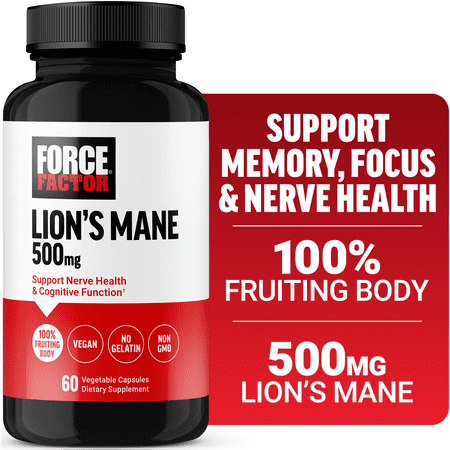 Force Factor Lion’s Mane Mushroom Capsules 500mg for Memory, Focus, Nerves & Cognitive Function, Vegan, No Gelatin, Non-GMO, 60 Capsules