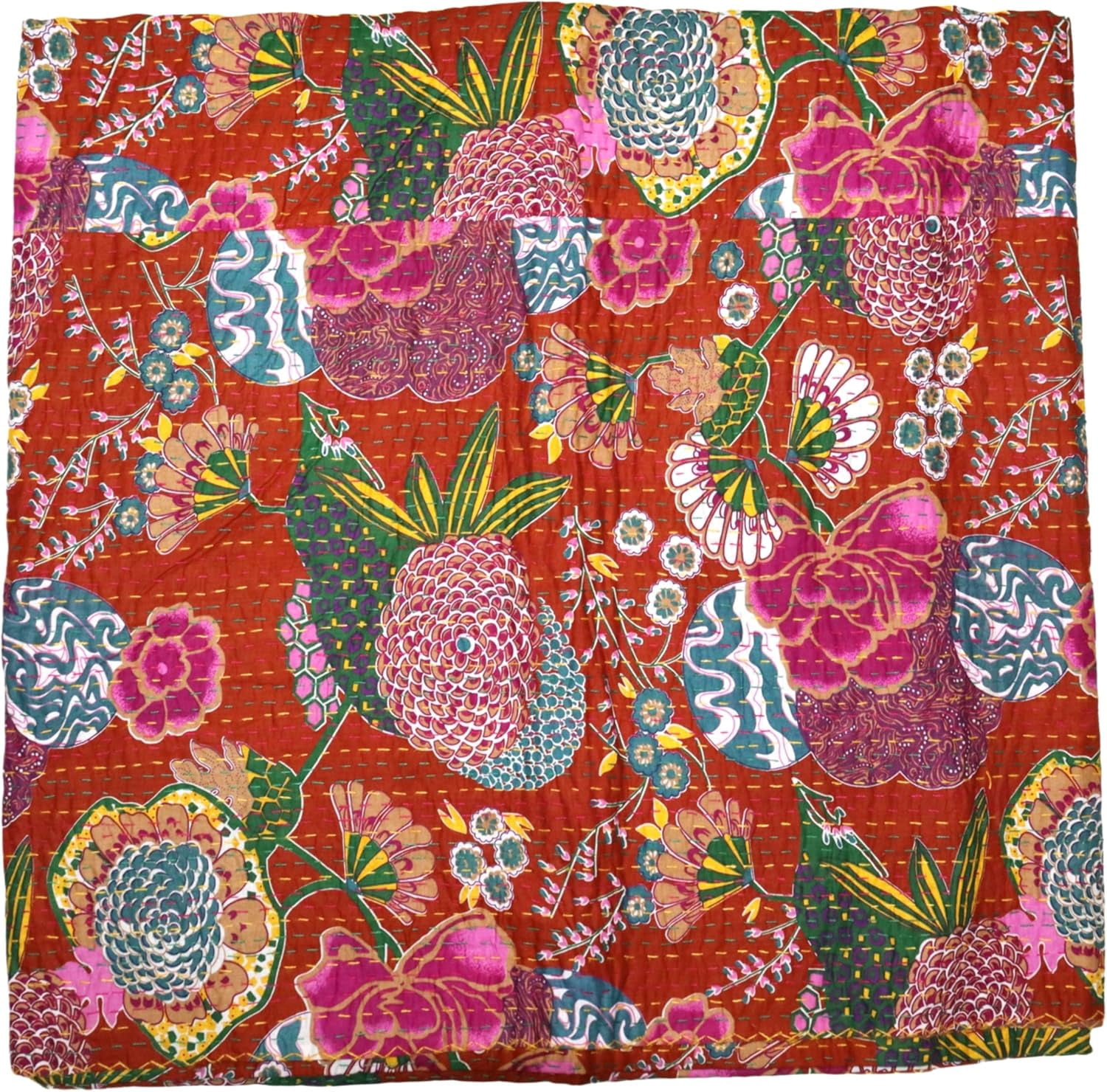 Indian Handmade Floral Print Kantha Quilt, Bedspread , Blanket Size ( King 108" x 108" )
