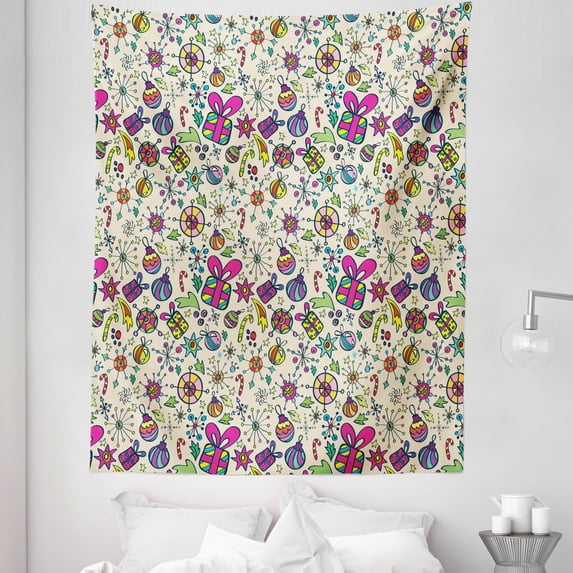 Christmas Tapestry, Lively Graphic Pattern of Seasonal Jolly Rich Elements Doodle Art, Fabric Wall Hanging Decor for Bedroom Living Room Dorm, 5 Sizes, Multicolor, by Ambesonne