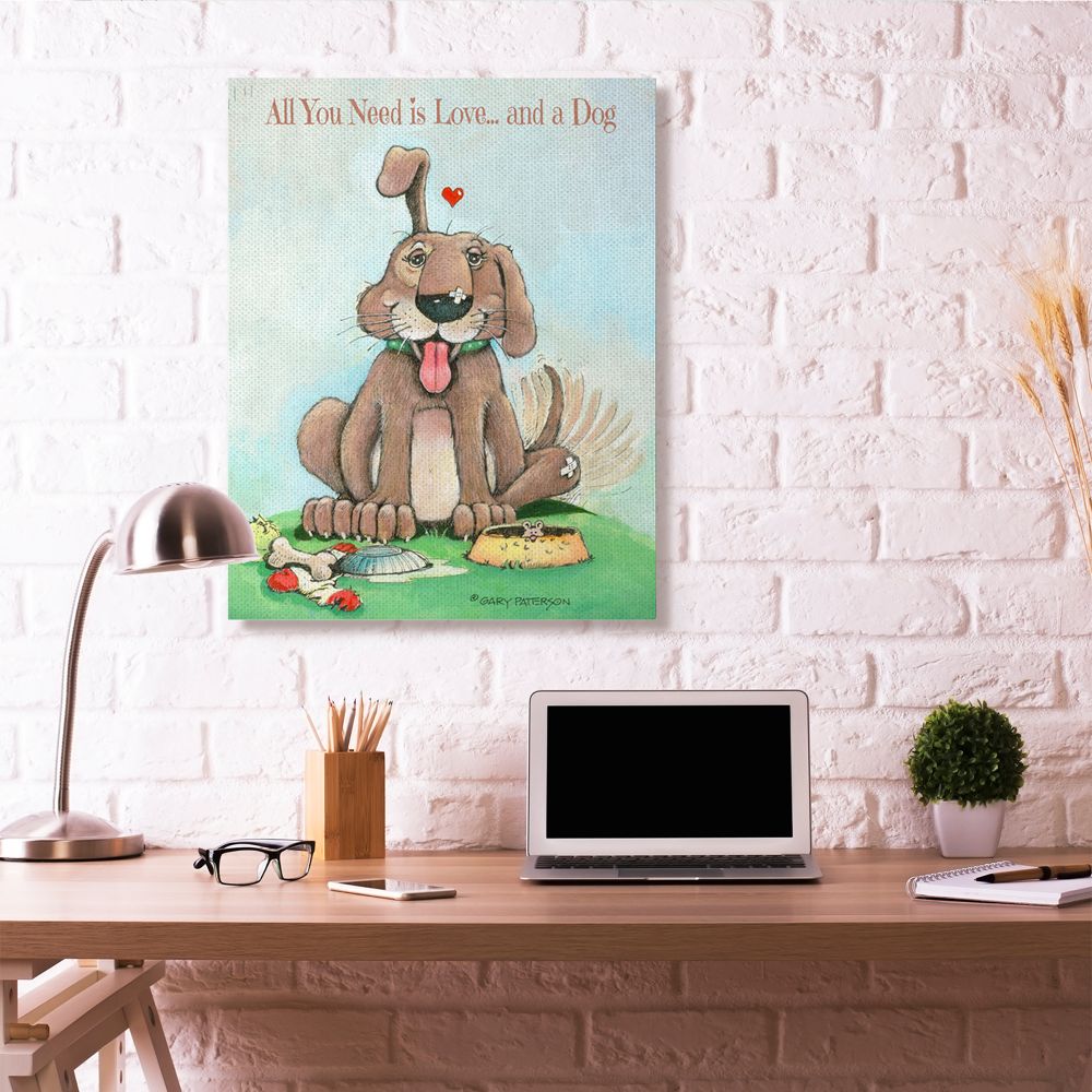 Love And A Dog Funny Pet Cartoon Design Super Oversized Stretched Canvas Wall Art by Gary Patterson