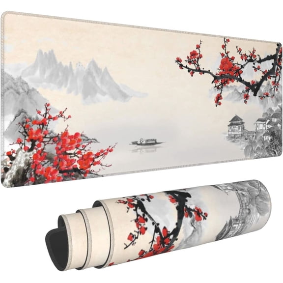Japanese Cherry Blossom Gaming Mouse Pad, Extended Large Mouse Mat Desk Pad, Stitched Edges Mousepad, 3mm Thick Long Non-Slip Rubber Base Mice Pad, 31.5 X 11.8 Inch