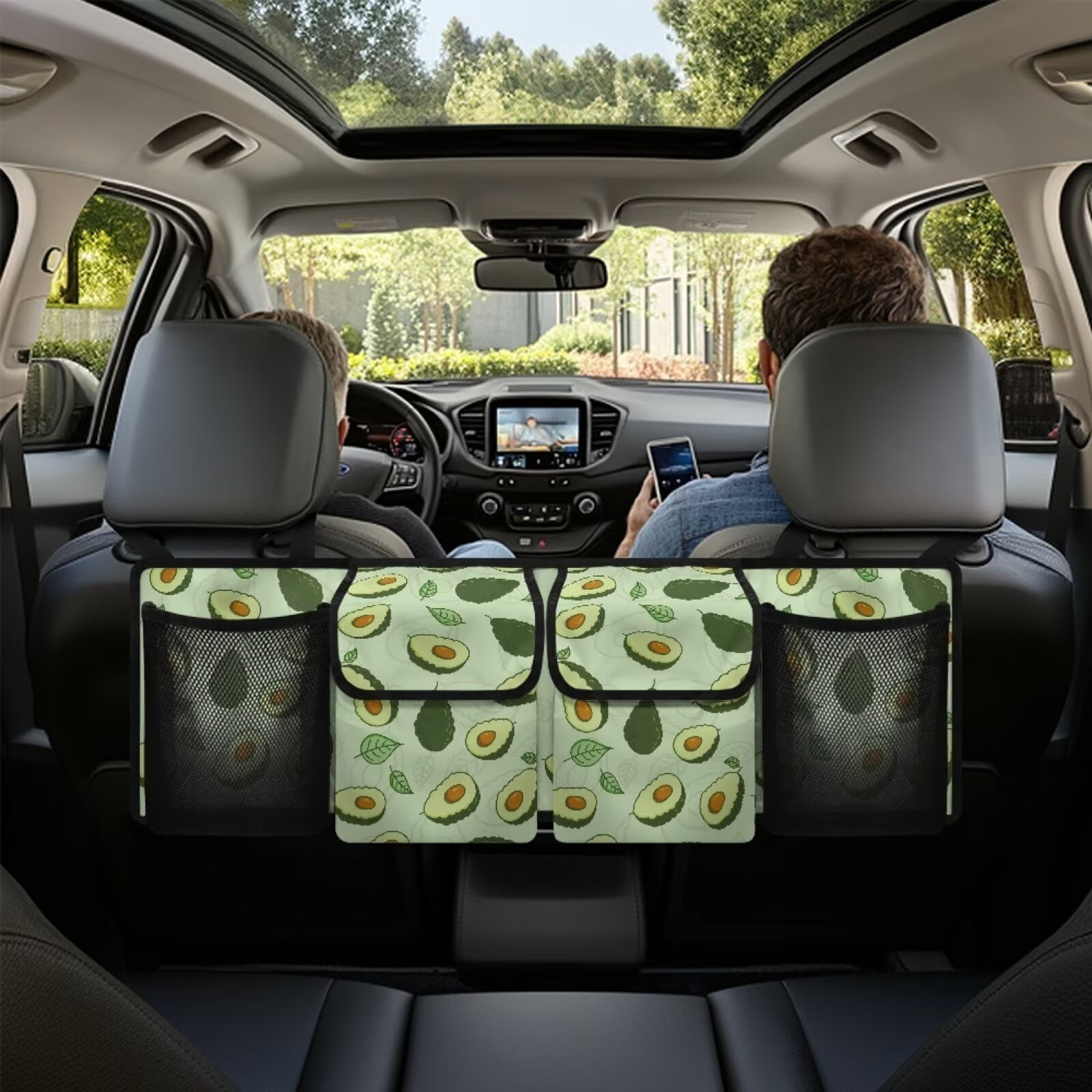 KUIFORTI Trunk Organizer for Car Women Green Avocado Backseat Car Organizer(37.01"*11.8"), Adjustable Car Back Seat Organizer with 4 Pockets, Oxford Cloth Car Organizers Storage Bag for SUV/MPV/Truck