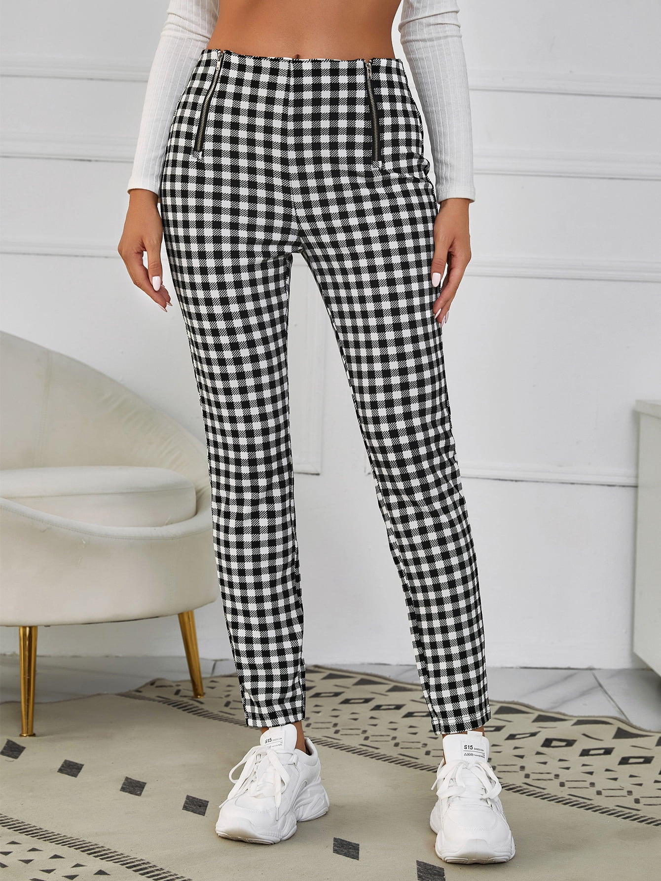 Zip Up Gingham Print Pants 66313W11112 