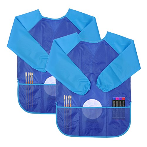 Long Sleeve Kids Art Aprons Children Smock Apron with Pockets Waterproof for DIY Painting Drawing - 2 Pack (Blue)