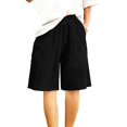 thumbnail image 4 of Women's Cotton Linen Bermuda Shorts, Elastic Waist Loose Fit 5 Inch Shorts with Side Pockets, Casual Summer Solid Color Knee Length Shorts for Daily Lounge Vacation Wear 01-Black XL, 4 of 5