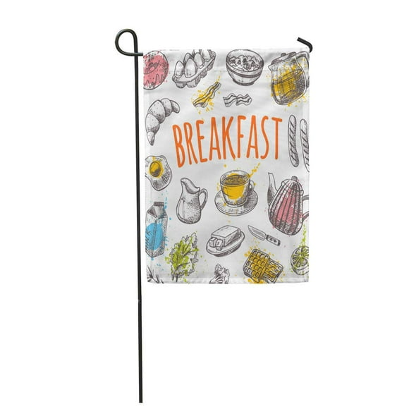 KDAGR Doodle Breakfast of Watercolor Splashes Cafe Restaurant Emblem Placard Garden Flag Decorative Flag House Banner 12x18 inch