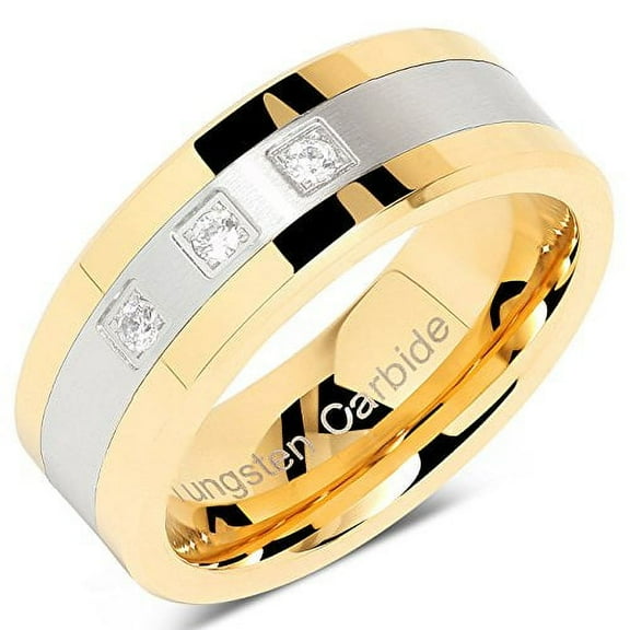 Tungsten Rings for Men Gold Silver Crystal Wedding Bands Two Tone 3 CZ Stone Promise Marriage Size 8-16 (Tungsten, 8)