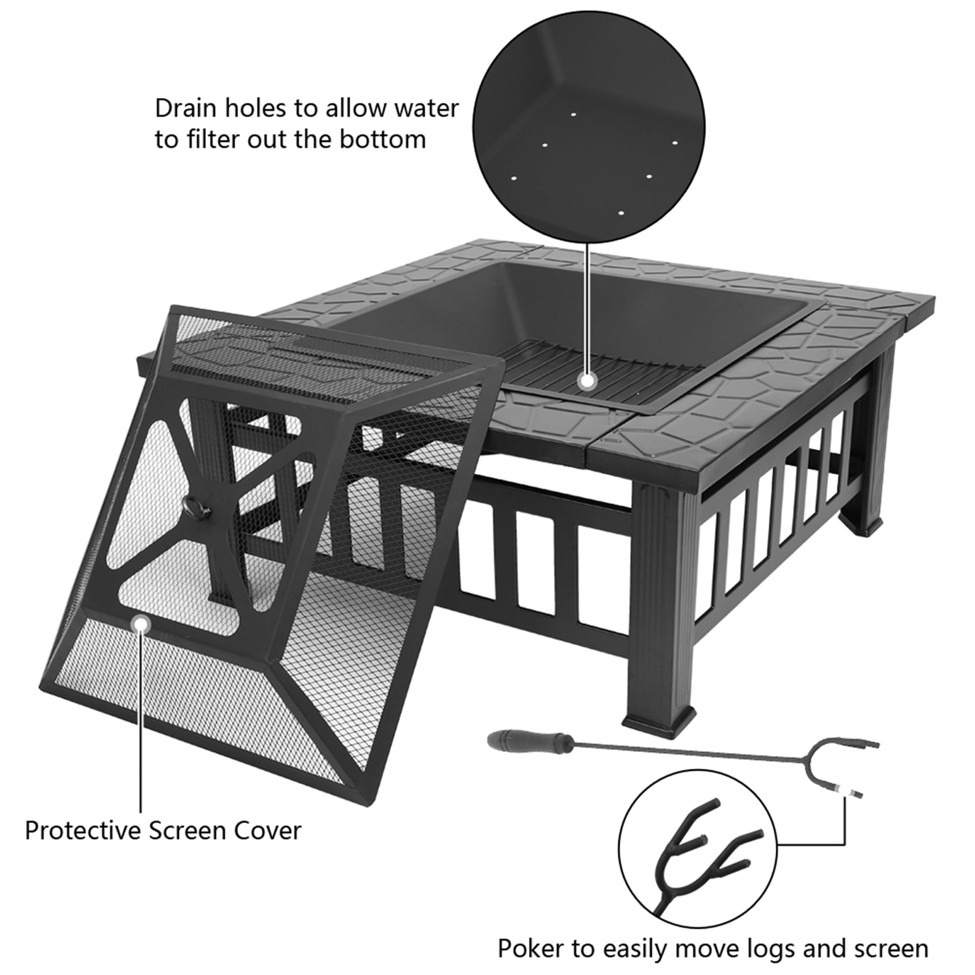 Outdoor Fire Stove, 32 Inch Portable Fire Pit with Mesh Lid, BBQ Grill, Grate and Poker, Square Metal Bonfire Wood Burning Fire Stove for Picnic, Party, Camping, Backyard, Lawn, D3664