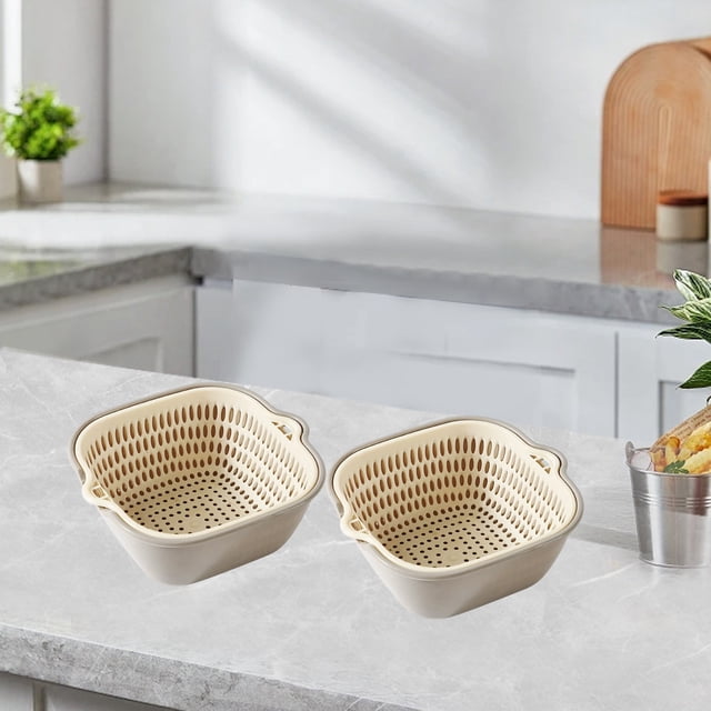 Juego de cestas de drenaje de plástico grandes para fregaderos | Cesta de doble capa de grado alimentario blanca • Organizador para contenedores de frutas y verduras • Duradero, fácil de limpiar