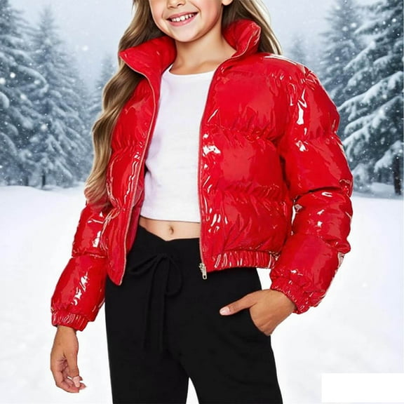 BRGZLK Kids Winter Coats Short Style Hoodless Light Casual Sports Warm Fashion Long Sleeved Padded Coat for Girls Boys Red 9-10 Years