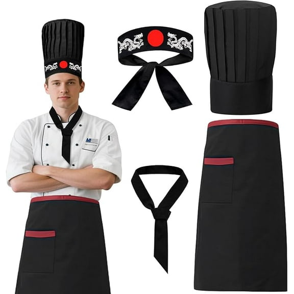 Enroslu 4PC Hibachi Chef Costume Set, Chef Tall Hat and Apron Costume Set with Headband Tie for Japanese Cuisine Lovers and Hibachi Enthusiasts