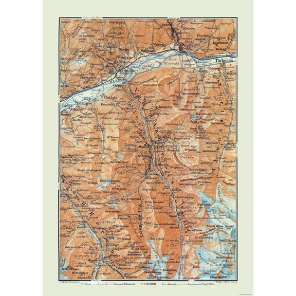 Historic Map - Val d'Anniviers Switzerland - Baedeker 1921 - 23 x 32.28 - Vintage Wall Art