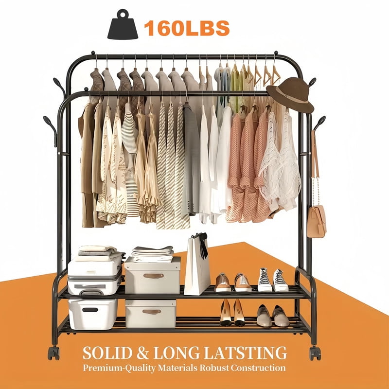 Double-Bar Metal Clothes Hanging Rack, Rolling Storage Shelf with Lockable Universal Wheel, Freestanding Garment Rack