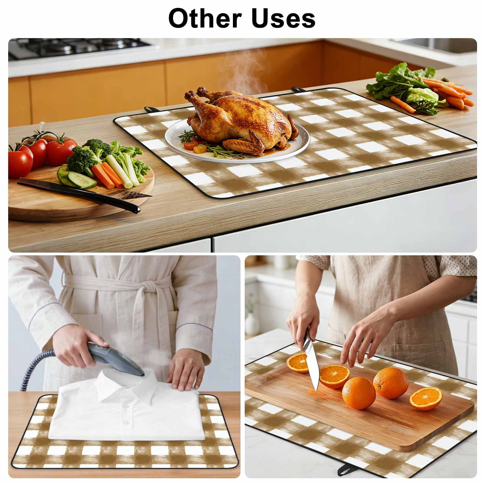 Brown White Plaid Stove Top Cover for Electric Stove, Heat-proof & Non Slip Glass Top Stove Cover Protector, Watercolor Farmhouse Checkered Kitchen Flat Cooktop Rubber Mat 24x21 Inches