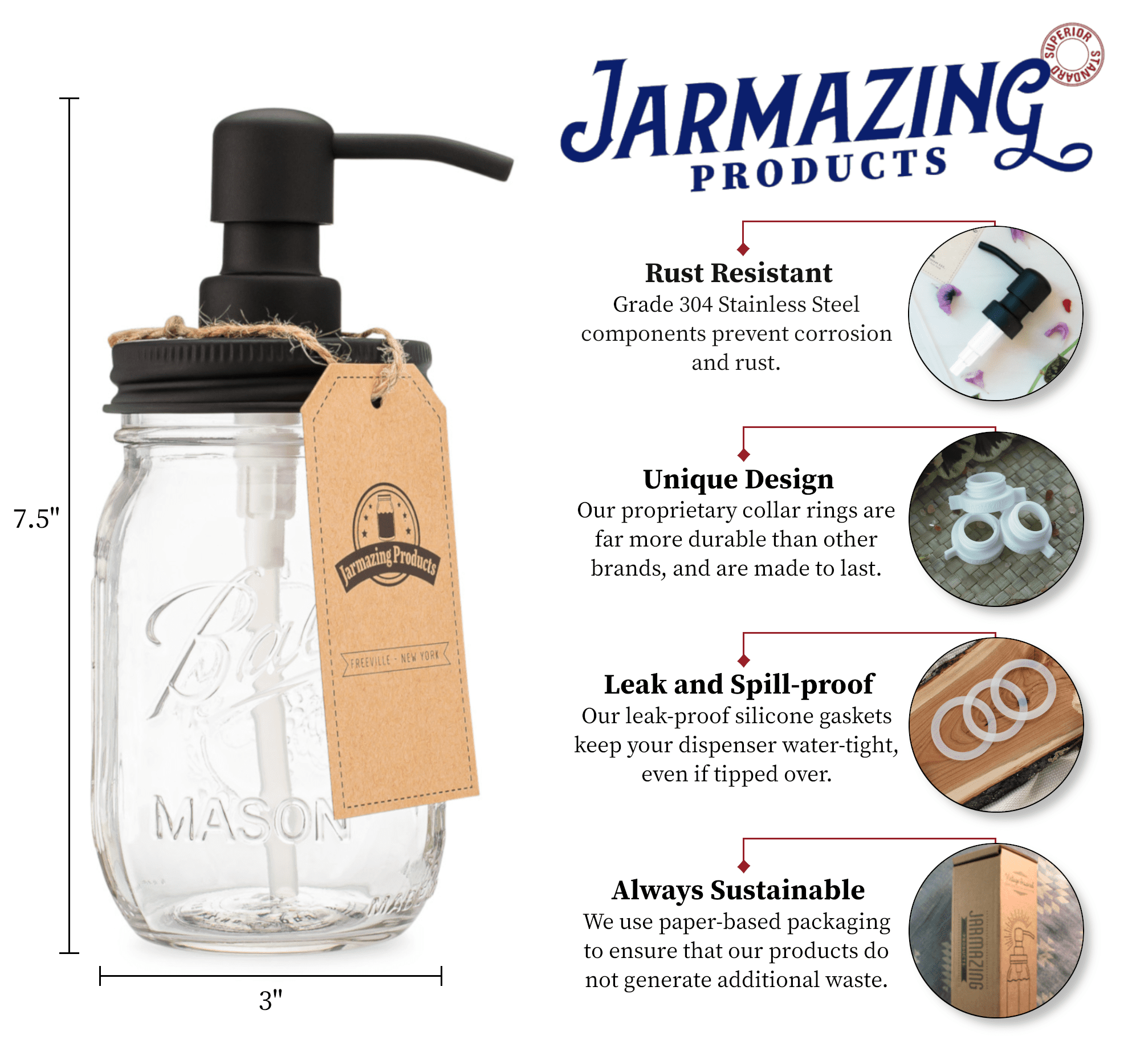 Jarmazing Products Mason Jar Soap Dispenser - Black - With 16 Ounce Ball Mason Jar - Made from Rust Proof Stainless Steel - Two Pack