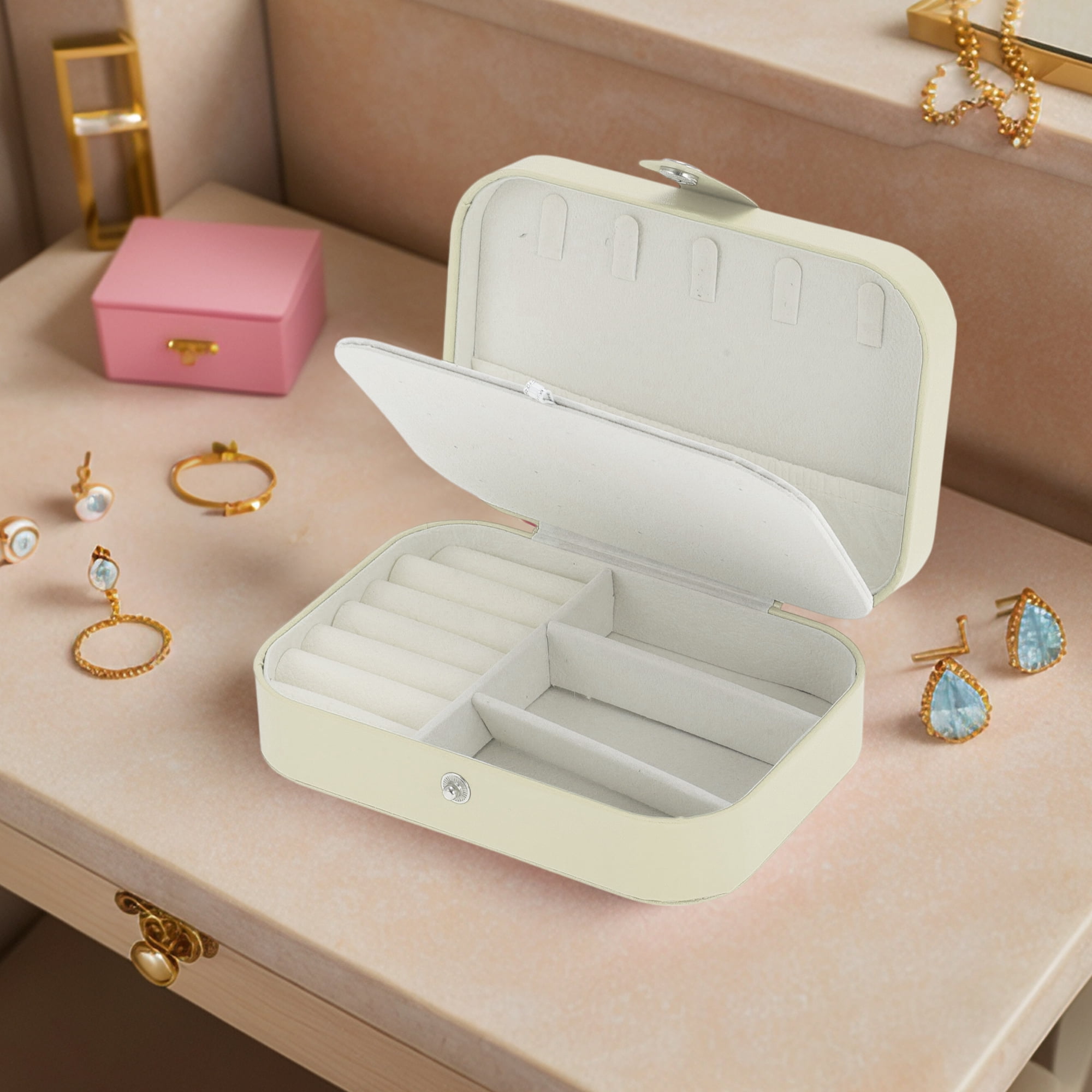 Unique Bargains Portable Jewelry Box PU Travel Organizer Beige
