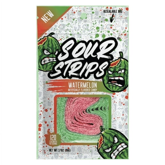 Sour Strips New Watermelon Flavor Sour Candy | 3.4oz | 3 Bags