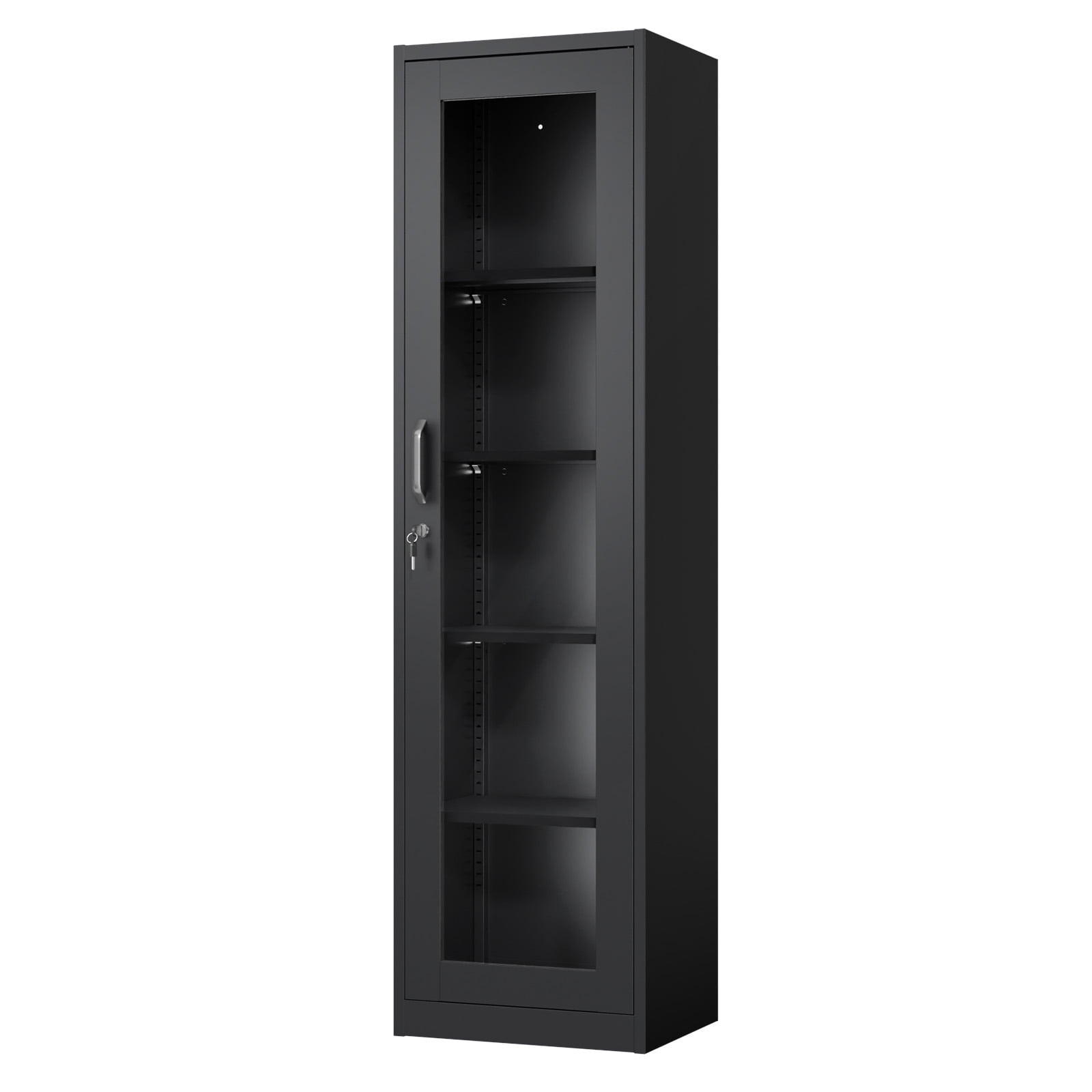 Ktaxon 65" Glass Door Steel Display Cabinet with Lock, Adjustable Shelves, Tall Narrow Storage Cupboard, LED-Ready, Black