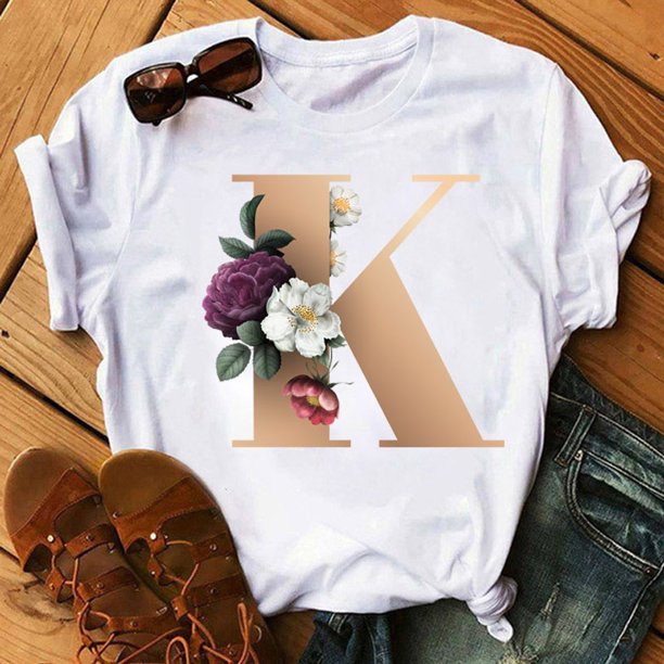 Nombre personalizado letra combinación moda mujer camiseta flor letra fuente ABCDEFG manga corta Tops negro camiseta ropa Tan Jianjun unisex