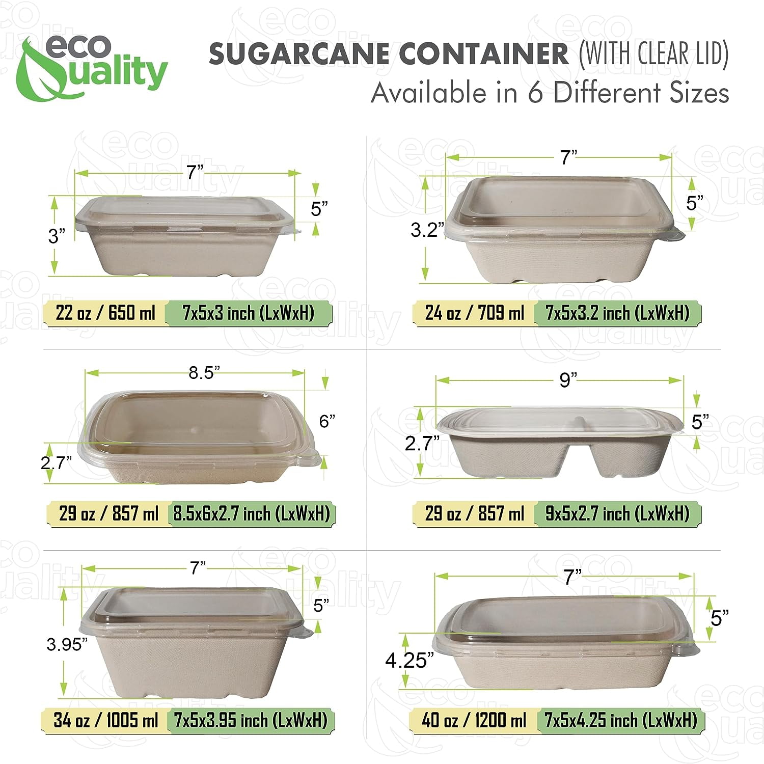 EcoQuality 34oz Disposable Bowls with Clear Lids - Rectangular Compostable Sugarcane Fiber Biodegradable Paper Bowls Eco-Friendly Take Out Food Storage Containers, Microwave Safe, Meal Prep (200 PACK)