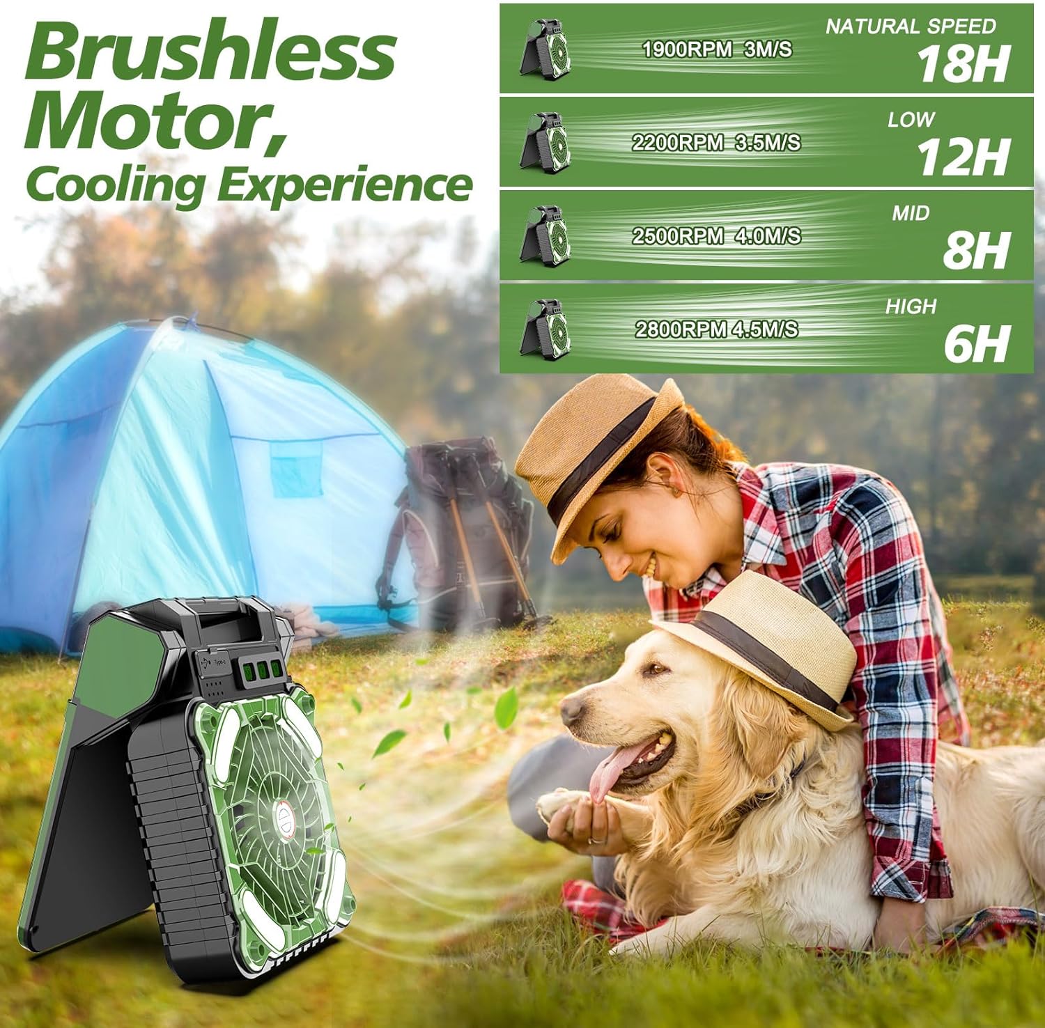 4 Speeds Solar Battery Operated Fan for Camping, 10000mAh Portable Rechargeable Desk Fan with LED Light & Timing Function, Folding USB Charger Port Camping Fan Power Bank for Home Office Car Outdoor