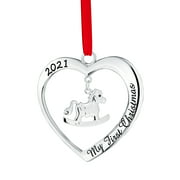 Baby's First Christmas Ornament 2021 - Silver Heart with Rocking Horse Christmas Ornament - Babies Christmas Ornament Engraved My First Christmas 2021 - Baby Ornament 2021 with Gift Box By Klikel