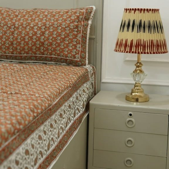 Fabdivine 100% Cotton Traditional Design Handmade Block Floral Printed 90x82 Inch Full Size Bedsheet Soft Bedcover with 2 Pillow Cover Decorative for Bedroom (Titli-Orange)