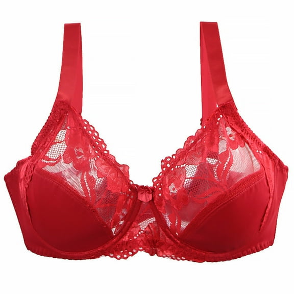 Women's Full Coverage Flower Lace Underwire Unpadded Comfy Minimizer Bra Plus Size Underwire Push-Up Bra Red 80