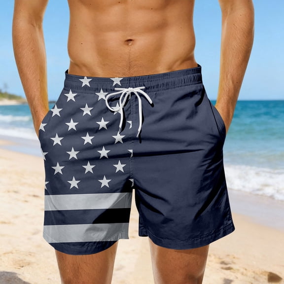 FASHOFT Mens Swim Trunks 4th of July American flag Print Beach Board Shorts with Pockets Bathing Suits Navy L