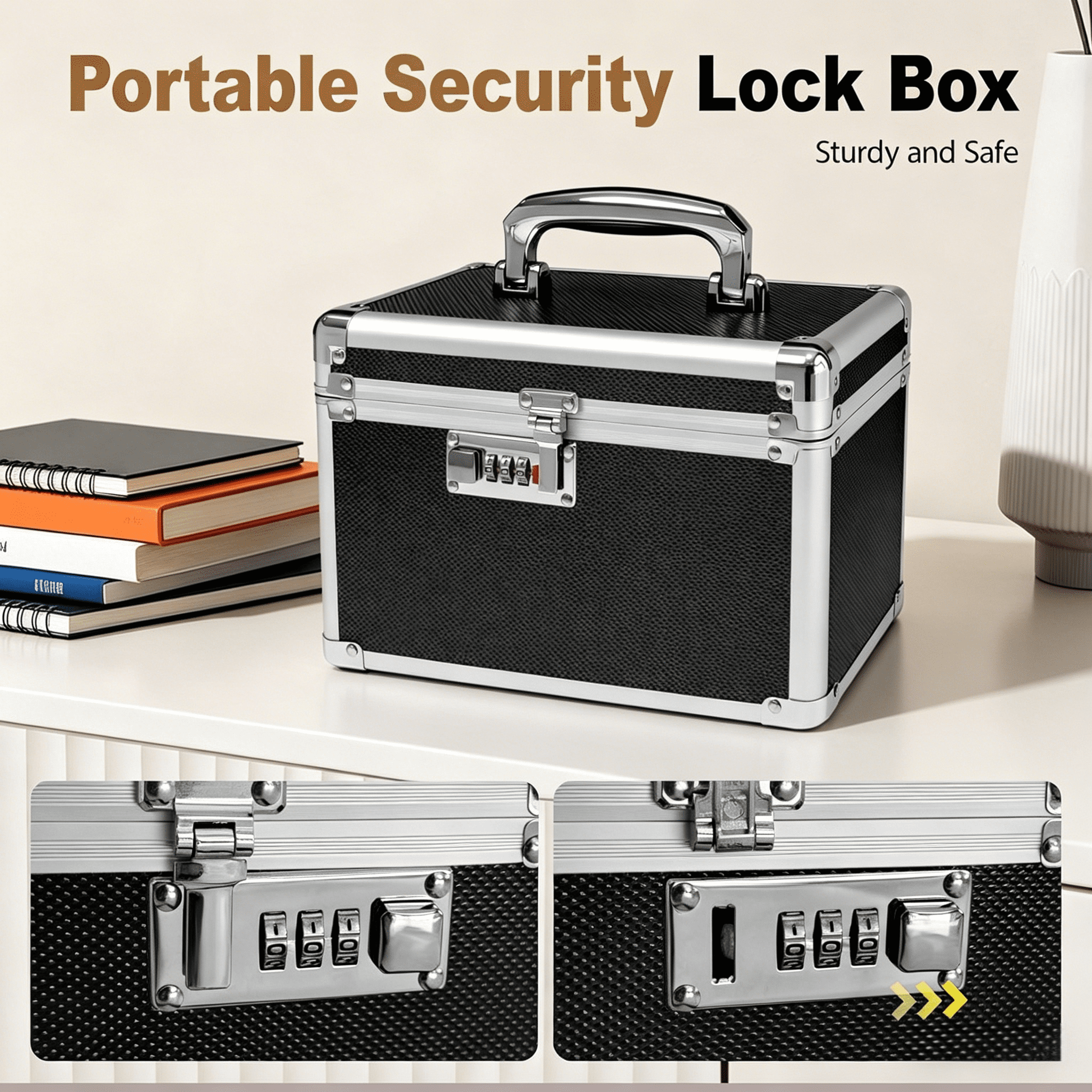 Combination Lock Box, Security Lock Boxes for Documents, Valuables, Medicine & Money - 10 x 7.25 x 7.75 Inch-Black