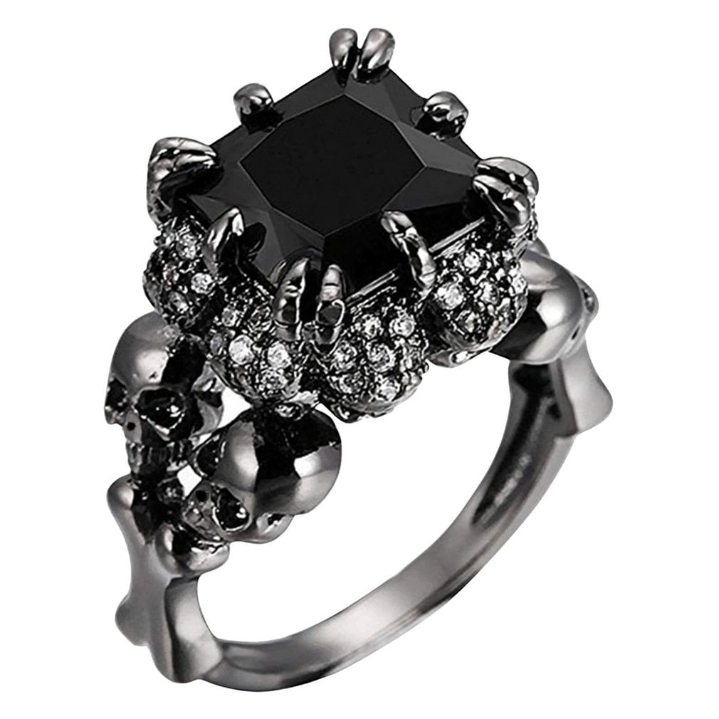 Skull Ring for Women Goth Engagement Ring 925 Sterling Silver Black Stone 1.2 Ct 