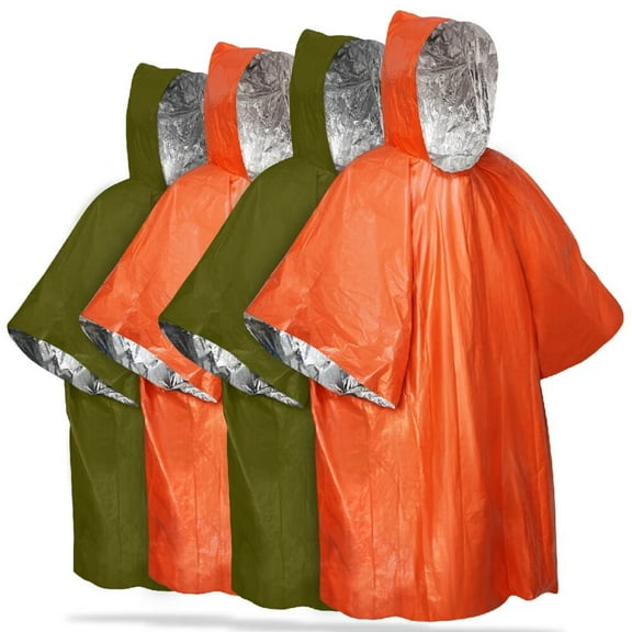 Emergency Rain Poncho [4 Pack] [Retains 90% Body Heat] Reusable Weather Resistant Raincoat for Men,Women,Adults,Camping,Hiking,Emergency Supplies & Survival Kits (Green + Orange)
