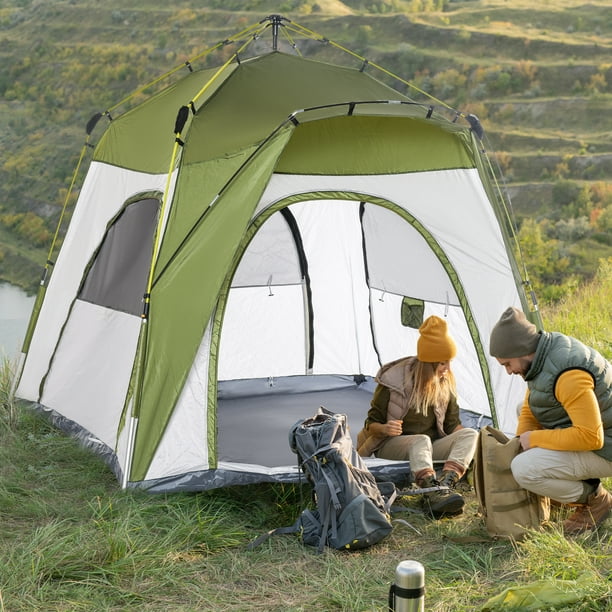 Outsunny Tente de Camping Automatique Instantanée W / 4 Portes et 4  Fenêtres, Tente Extérieure Facile à Installer, Abri Dôme Portable, 4  Personnes, Vert 