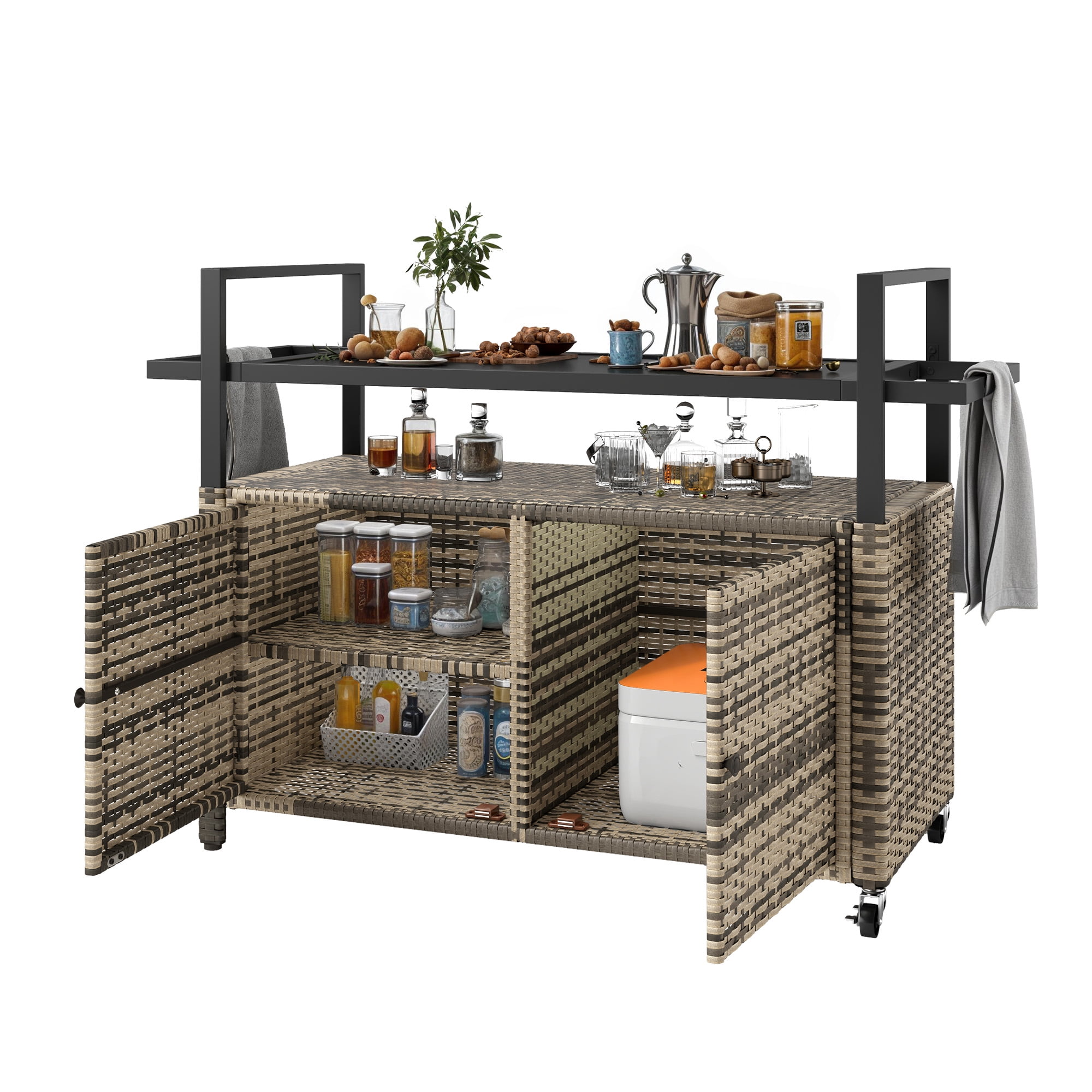 Uforic XL Gray Outdoor Storage Cabinet with Grill Cart, Wheels & Black Glass Table Top for Patio Kitchen