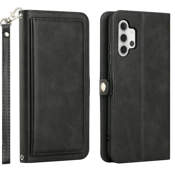 For Samsung Galaxy A32 4G / SM-A325 Card Slots Multipe Flip Folio Kickstand Magnetic Closure Leather Wallet Wrist Strap Women Men Case Cover Black