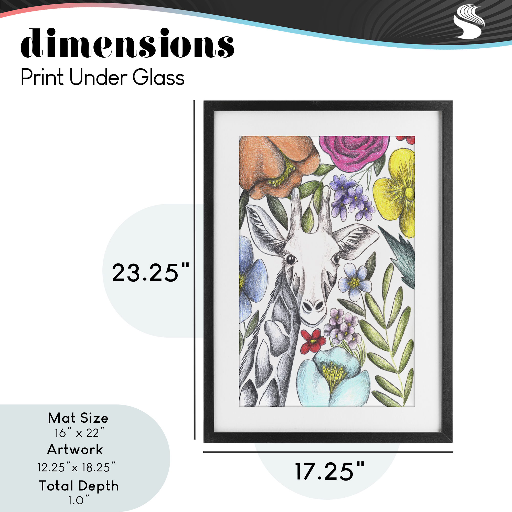 Giraffe In The Midst of Flowers Black Framed Print Under Glass, design by Cecilia Battaini