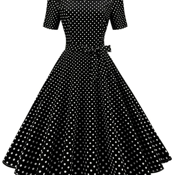 Vestido Delantero Con Lazo De Lunares, Vestido De Manga Corta Con Cuello Cuadrado Elegante Vintage, Ropa De Mujer