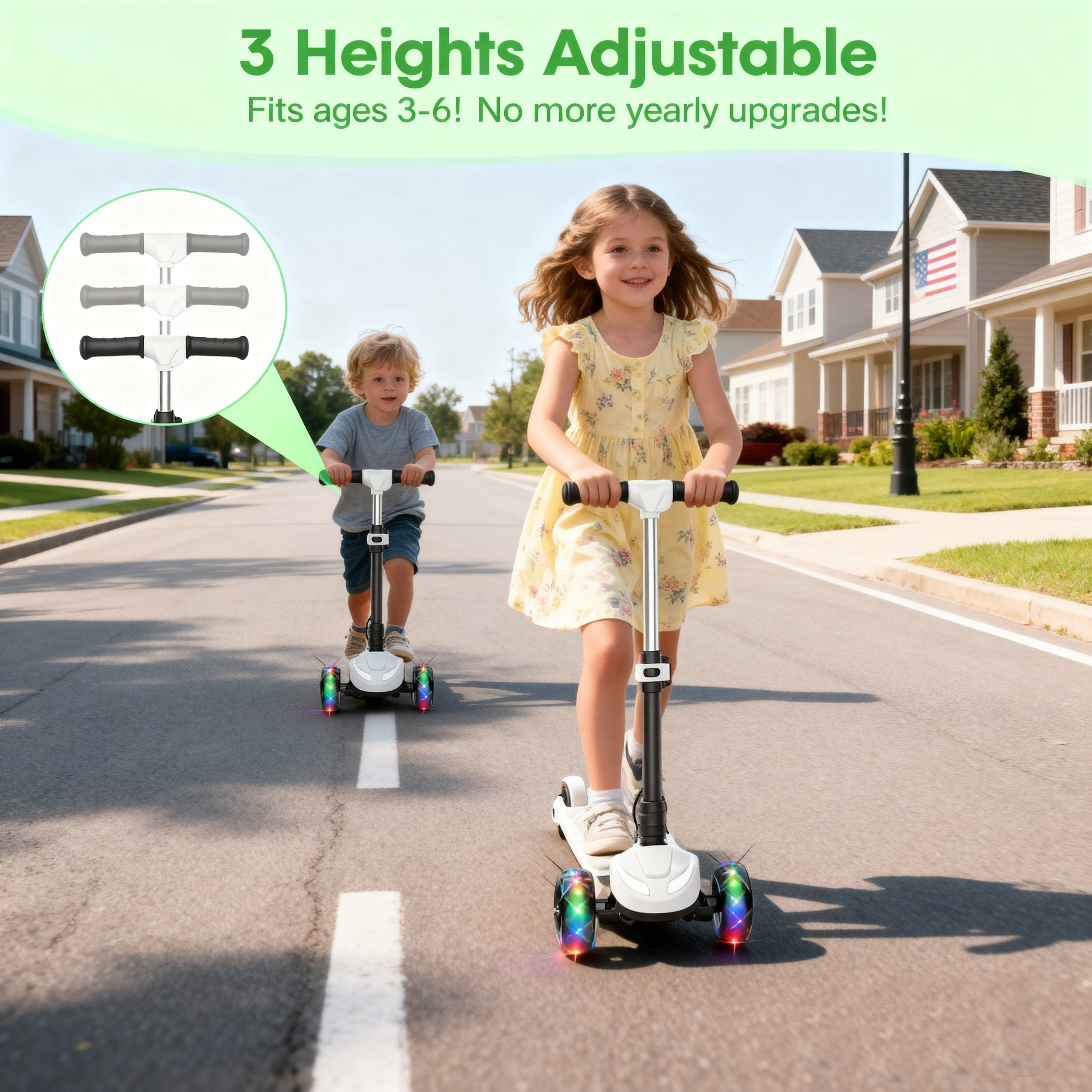 Electric Scooter for Kids Age 3-6, Light-Up Pole & Pedal Foldable Kid Escooter, 5 Mph Max 3-Wheel Electric Ride On Toys (White)