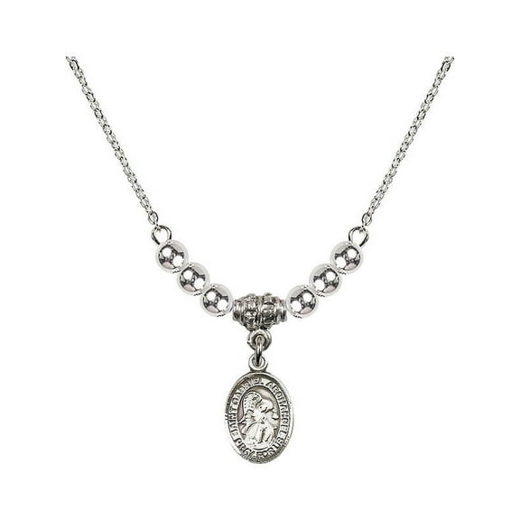 18-Inch Rhodium Plated Necklace with 4mm Sterling Silver Beads and Saint Gabriel the Archangel Charm